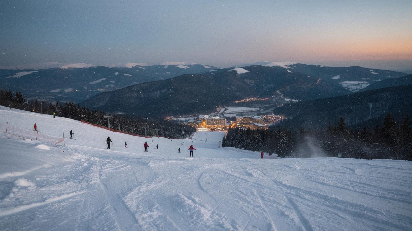 Winter ski travel itinerary blueprint preview over the mountains